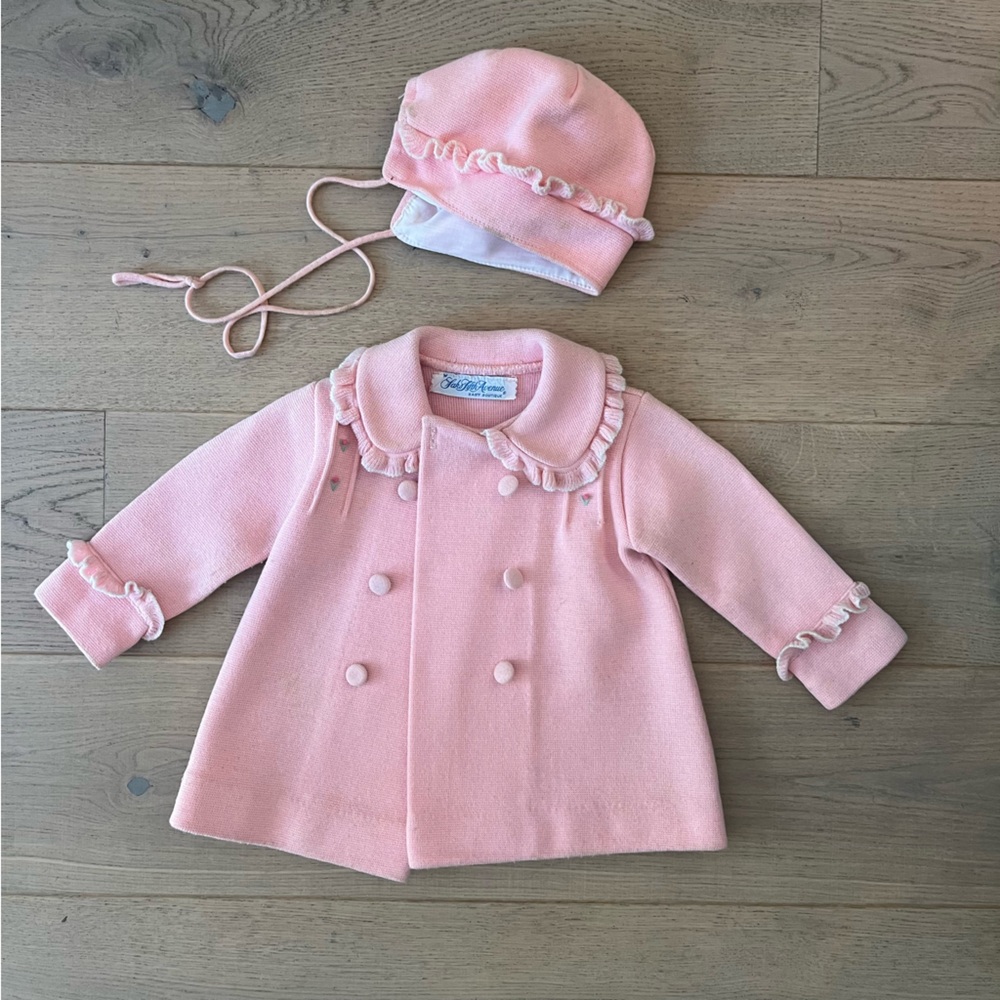 Vintage pink knit Saks 5th Avenue embroidered long sleeve dress coat and hat